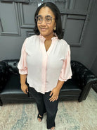 curvy blouse, plus size balloon sleeve blouse, curvy woven top, 3/4 sleeve curvy blouse, women’s curvy tops, boutique curvy clothing, Gypsy River Apparel