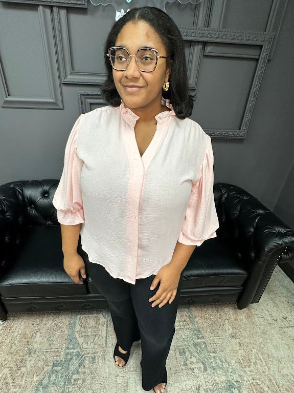 curvy blouse, plus size balloon sleeve blouse, curvy woven top, 3/4 sleeve curvy blouse, women’s curvy tops, boutique curvy clothing, Gypsy River Apparel