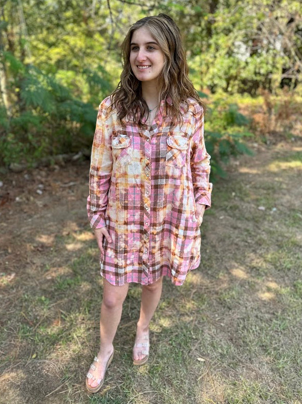 A Rare Bird Pink Plaid Cotton Flannel Button-Down Shirt Dress