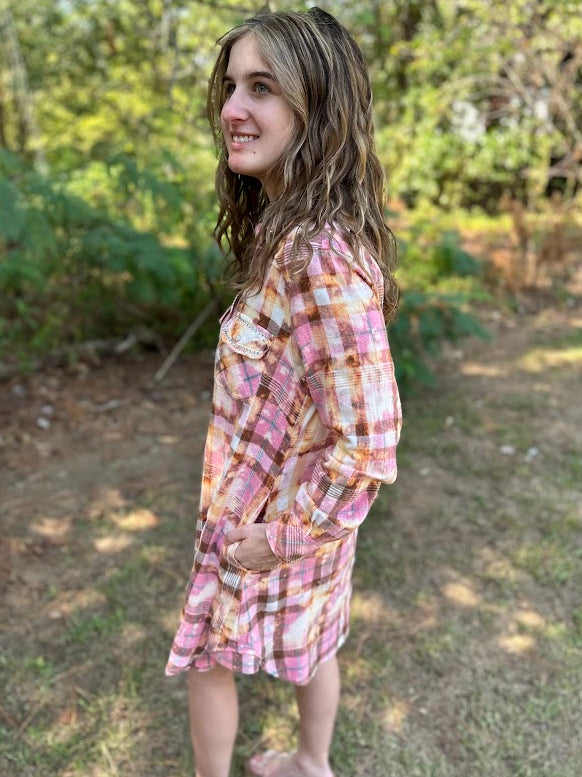 A Rare Bird Pink Plaid Cotton Flannel Button-Down Shirt Dress