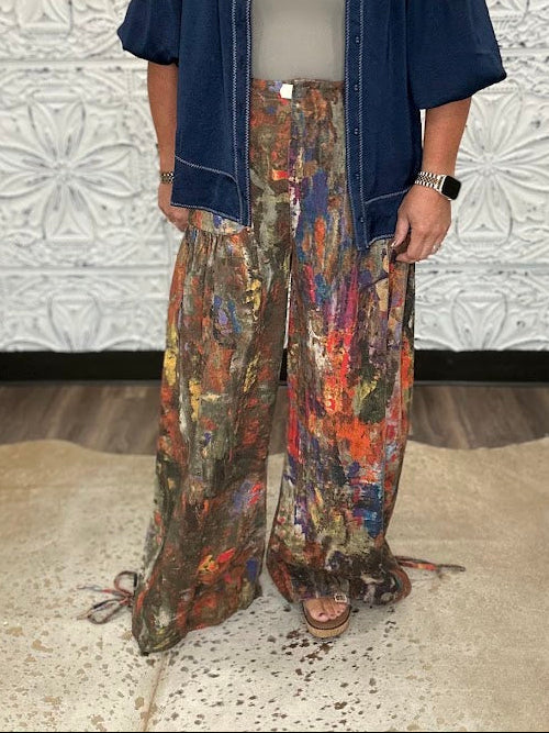 Abstract Printed Denim Wide-Leg Cargo Pants