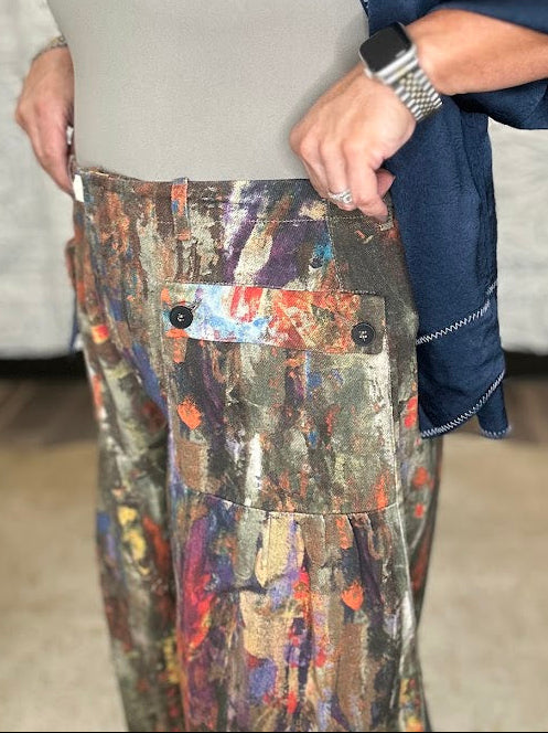 Abstract Printed Denim Wide-Leg Cargo Pants