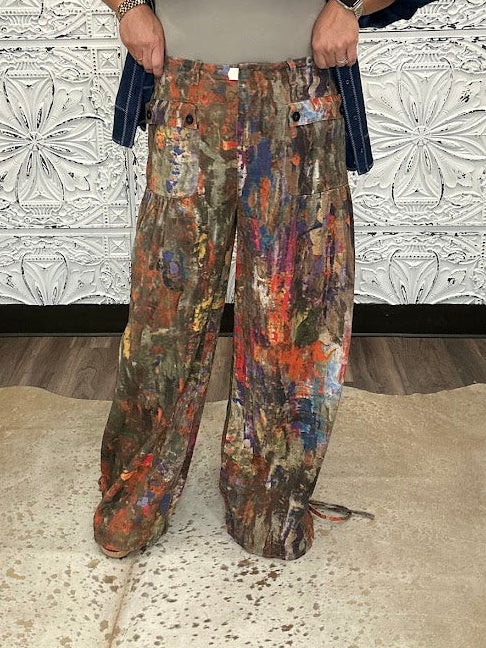 Abstract Printed Denim Wide-Leg Cargo Pants