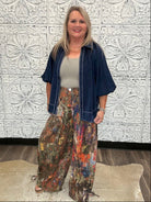 Abstract Printed Denim Wide-Leg Cargo Pants