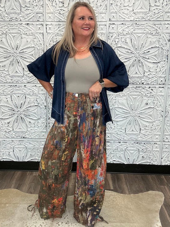 Abstract Printed Denim Wide-Leg Cargo Pants