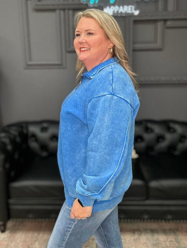 acid wash half zip sweatshirt, women’s acid wash pullover, vintage wash sweatshirt, quarter zip sweater, blue acid wash sweatshirt, casual boutique sweatshirt, oversized half zip, cozy fall pullover, women’s boutique tops, mineral wash sweatshirt, comfy everyday sweatshirt, Gypsy River pullover