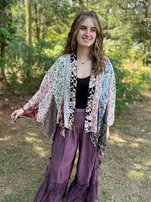 Artisan Boho Floral Patchwork Lace-Trim Kimono