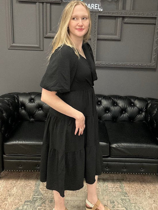 wrap midi dress, balloon sleeve dress, tiered midi dress, black midi dress, boutique dress with pockets, women’s midi dress