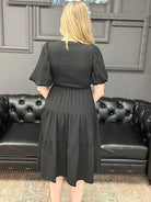 wrap midi dress, balloon sleeve dress, tiered midi dress, black midi dress, boutique dress with pockets, women’s midi dress
