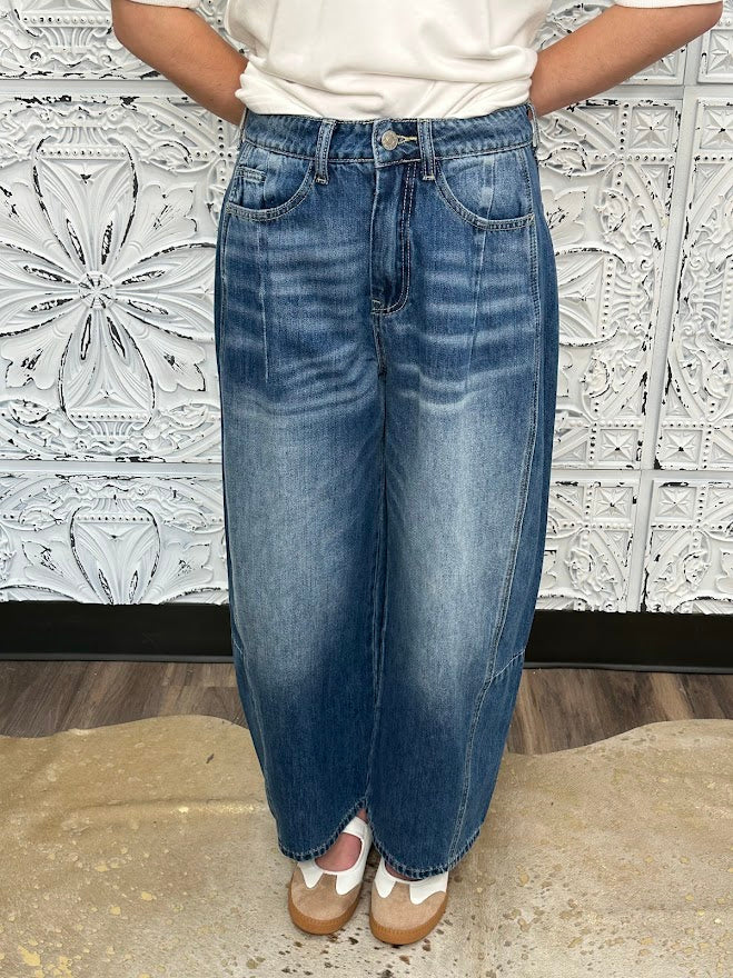 barrel jeans, mid rise denim, wide leg tapered jeans, rigid denim, trendy boutique jeans, relaxed fit denim, slouchy jeans