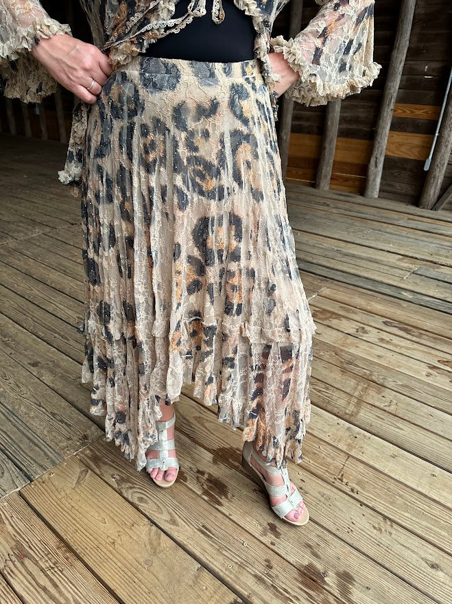 Beige Leopard Lace Tiered Midi Skirt