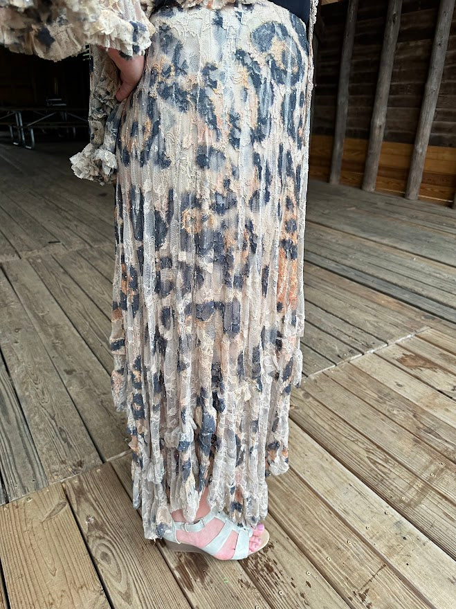 Beige Leopard Lace Tiered Midi Skirt