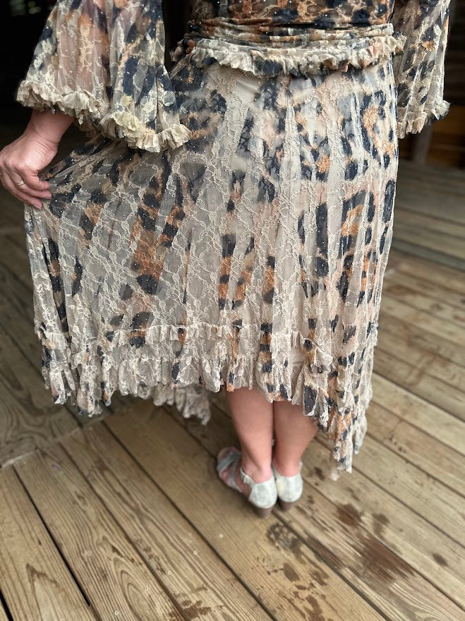 Beige Leopard Lace Tiered Midi Skirt