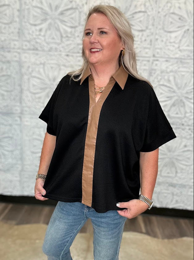 Black Contrast Collar Knit Top