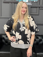 printed woven top, bubble sleeve top, women’s boutique top, contrast trim blouse, everyday blouse, casual work top