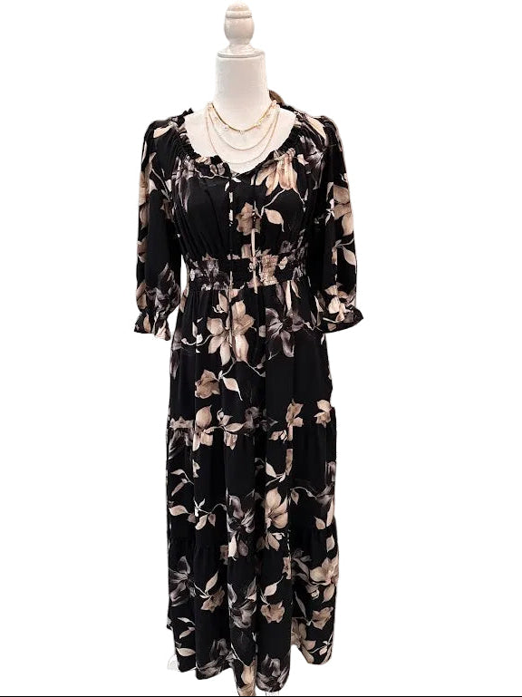 Black Floral Smocked Waist Tiered Maxi Dress