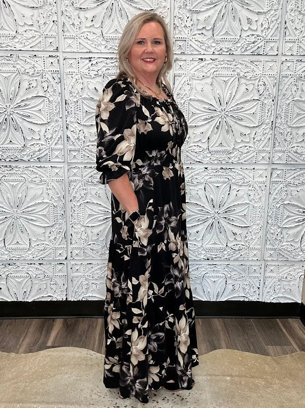 Black Floral Smocked Waist Tiered Maxi Dress