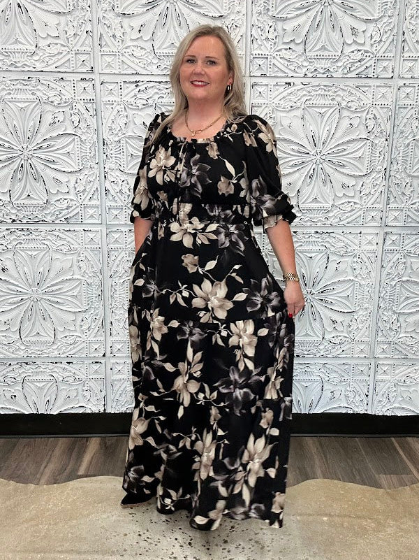 Black Floral Smocked Waist Tiered Maxi Dress