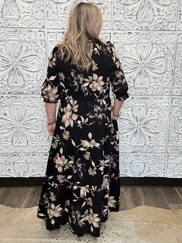 Black Floral Smocked Waist Tiered Maxi Dress