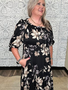 Black Floral Smocked Waist Tiered Maxi Dress
