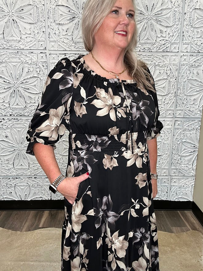 Black Floral Smocked Waist Tiered Maxi Dress