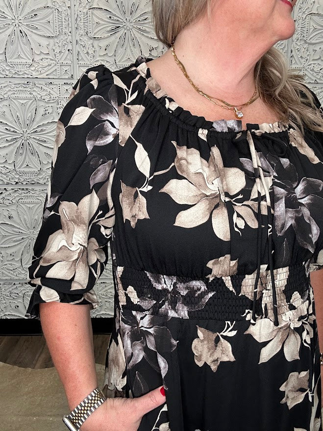 Black Floral Smocked Waist Tiered Maxi Dress