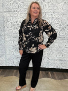 Black Floral Split Neck Blouse