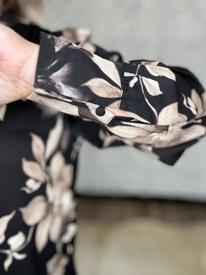 Black Floral Split Neck Blouse