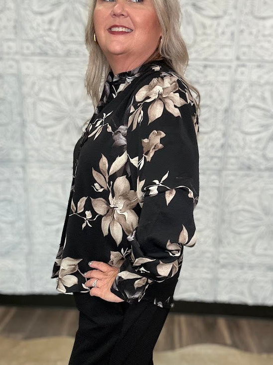 Black Floral Split Neck Blouse