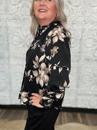 Black Floral Split Neck Blouse