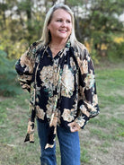 Black Floral Tie Neck Long Sleeve Blouse
