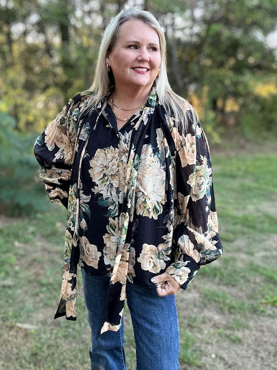 Black Floral Tie Neck Long Sleeve Blouse