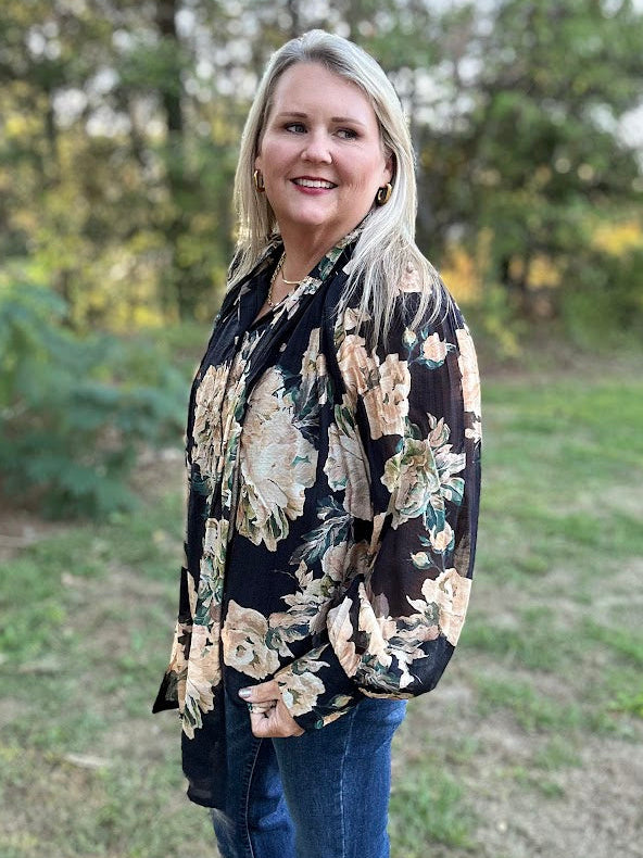 Black Floral Tie Neck Long Sleeve Blouse