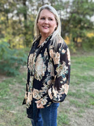 Black Floral Tie Neck Long Sleeve Blouse