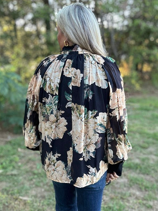 Black Floral Tie Neck Long Sleeve Blouse