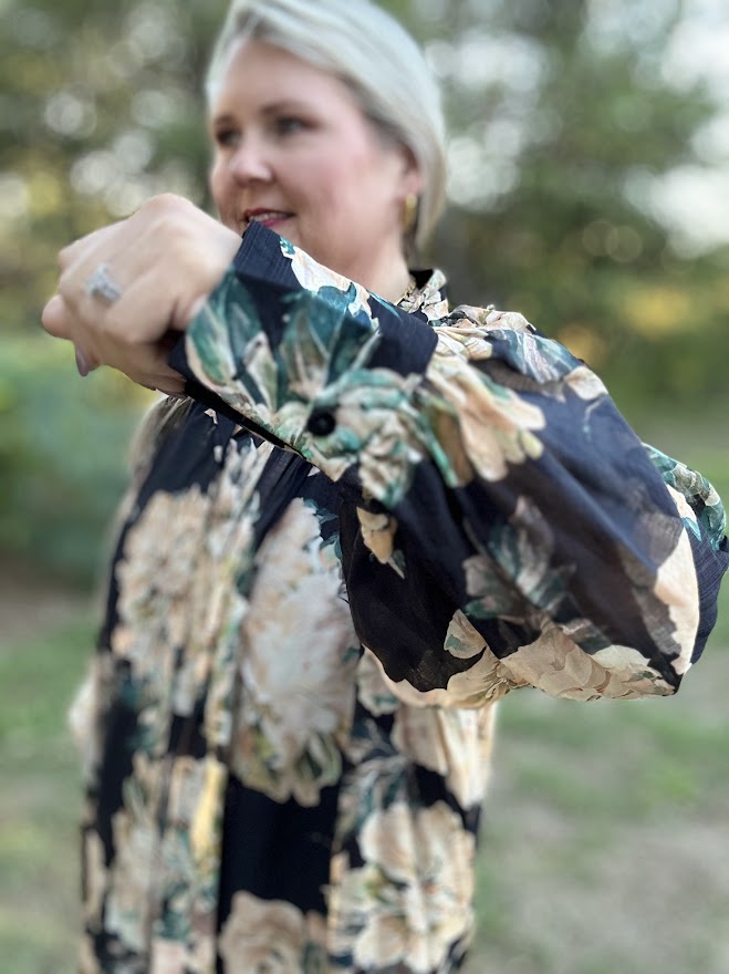 Black Floral Tie Neck Long Sleeve Blouse