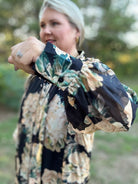 Black Floral Tie Neck Long Sleeve Blouse
