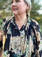 Black Floral Tie Neck Long Sleeve Blouse