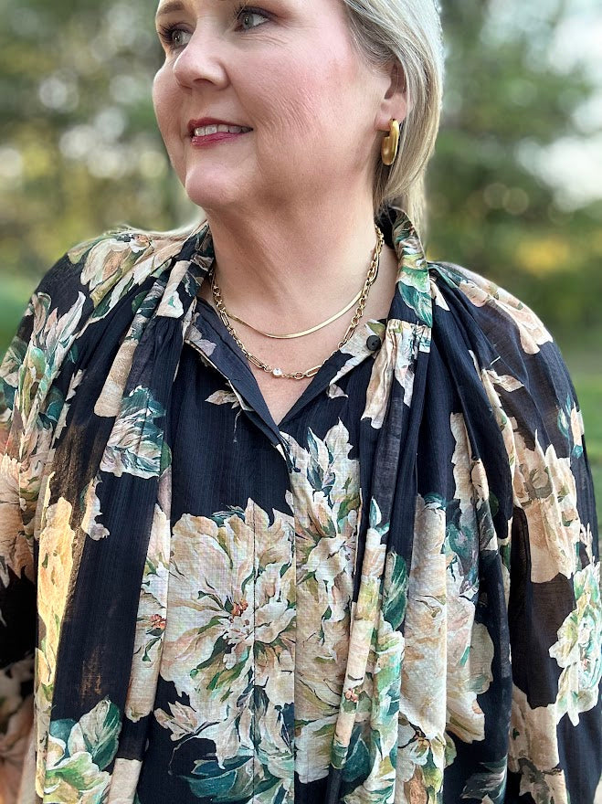 Black Floral Tie Neck Long Sleeve Blouse