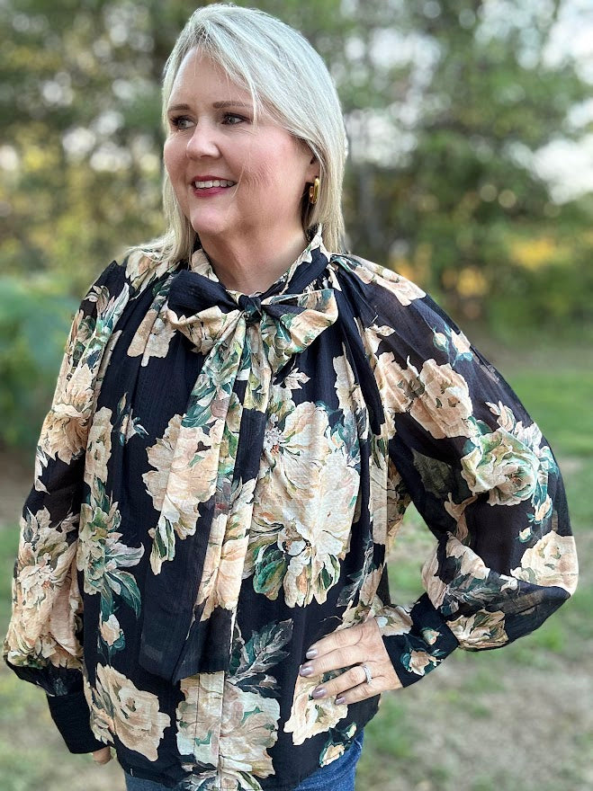 Black Floral Tie Neck Long Sleeve Blouse