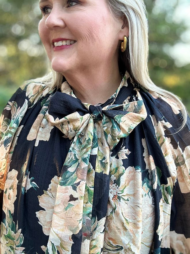 Black Floral Tie Neck Long Sleeve Blouse