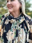 Black Floral Tie Neck Long Sleeve Blouse