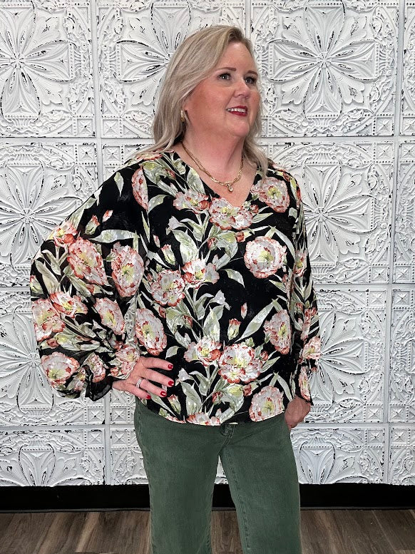 Black Floral V-Neck Bubble Sleeve Blouse