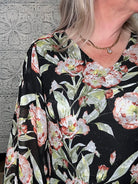 Black Floral V-Neck Bubble Sleeve Blouse