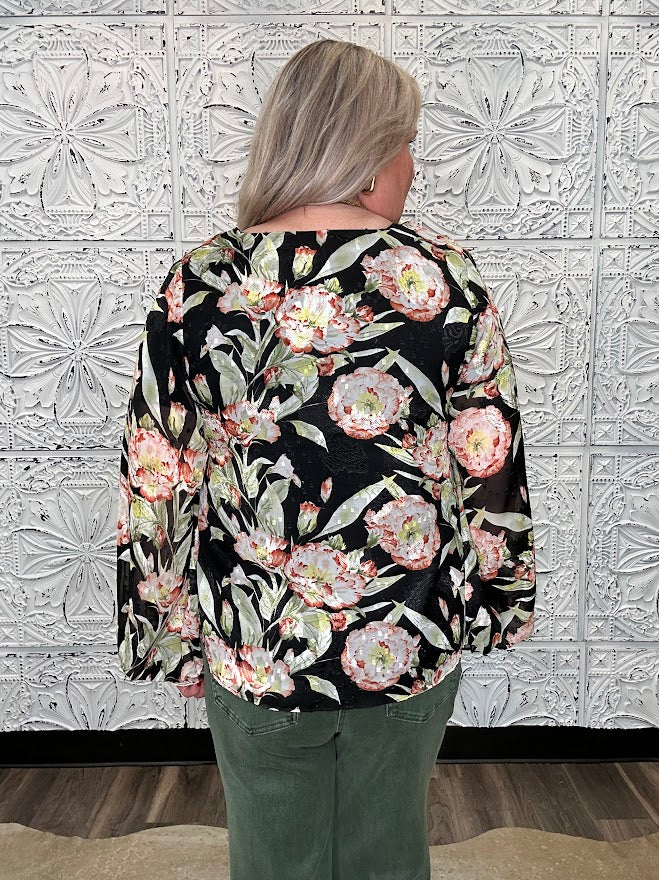 Black Floral V-Neck Bubble Sleeve Blouse