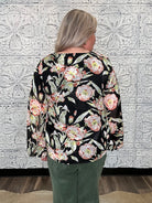 Black Floral V-Neck Bubble Sleeve Blouse