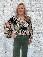 Black Floral V-Neck Bubble Sleeve Blouse