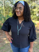 Black Gathered Balloon Sleeve Blouse