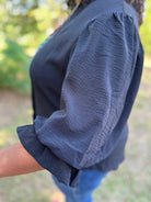 Black Gathered Balloon Sleeve Blouse