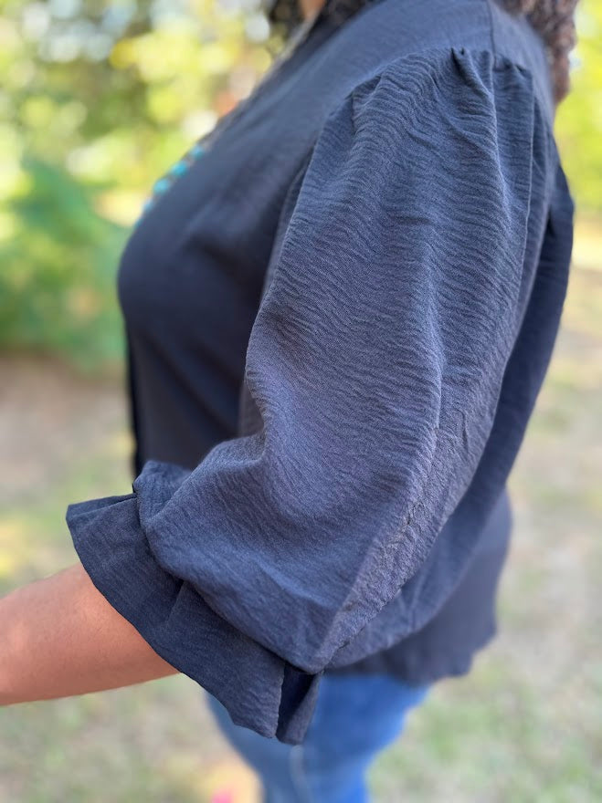Black Gathered Balloon Sleeve Blouse